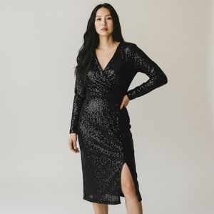 Black Sequin‎ Long Sleeve Dress Small V Neck NYE Party Holiday Cocktail Glam